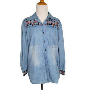 Nombre Impair Southwestern Chambray Shirt Embroidered Distressed Women Medium